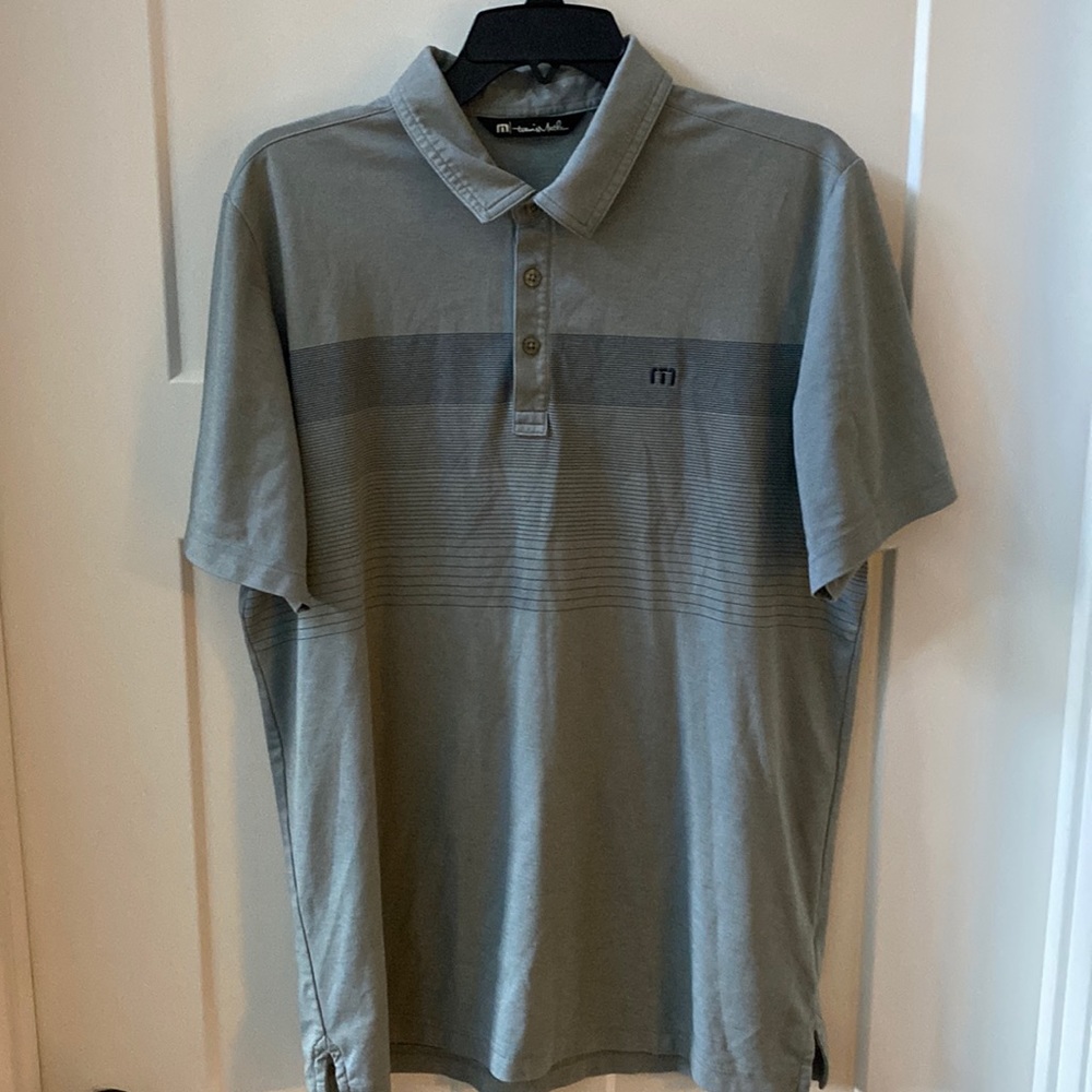 Travis Mathew polo grey with navy stripes, size large